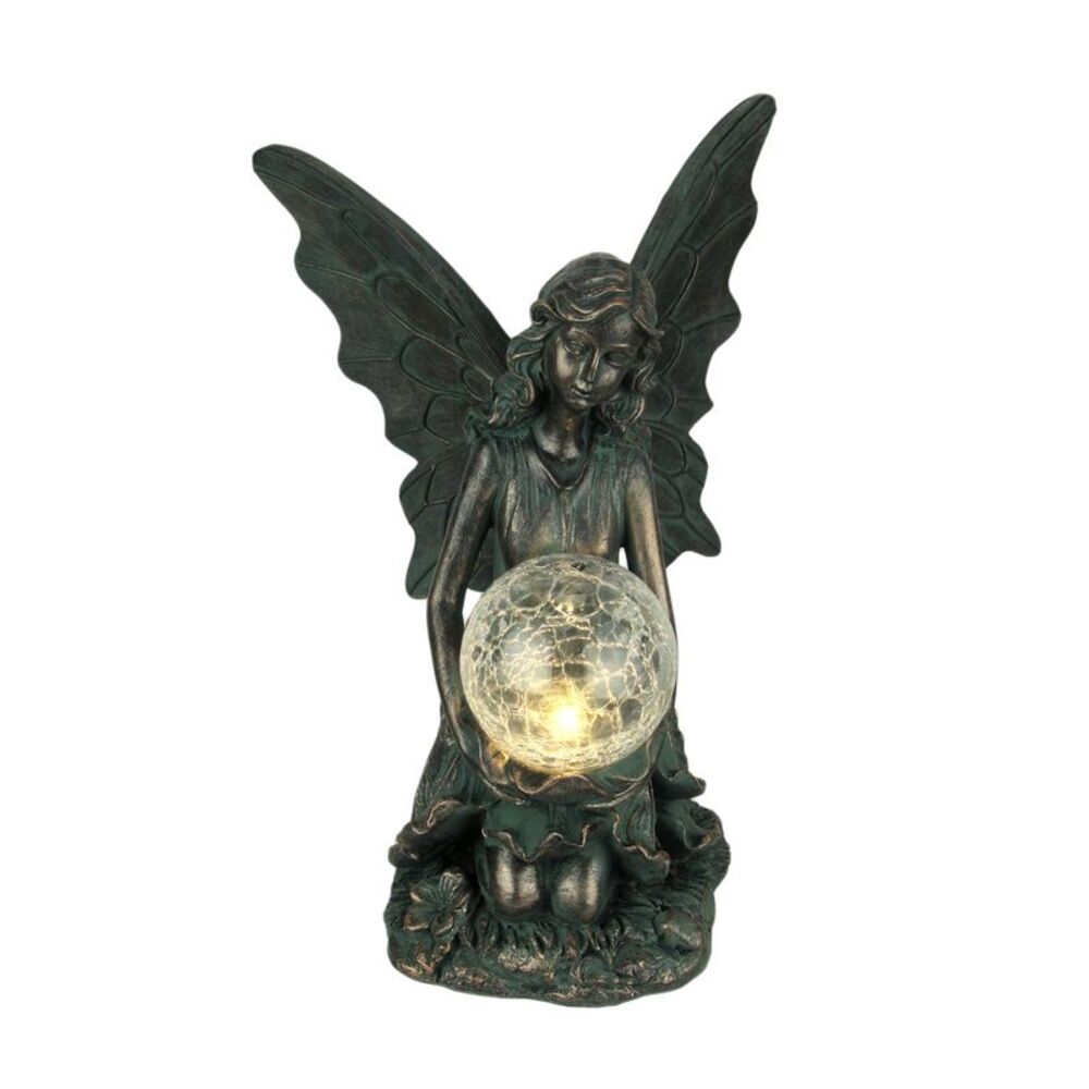 Verdigris Bronze Finish Fairy LED Glass Ball Solar Statue